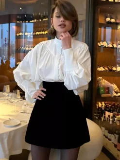 Vintage Puff Sleeve Blouse With Stand-Up Collar In Autumn For Women 2026