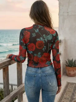 Vintage Rose Floral Print Lettuce Trim Mesh Long Sleeve Skinny Top For Women 2026