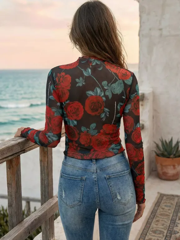 Vintage Rose Floral Print Lettuce Trim Mesh Long Sleeve Skinny Top For Women 2026