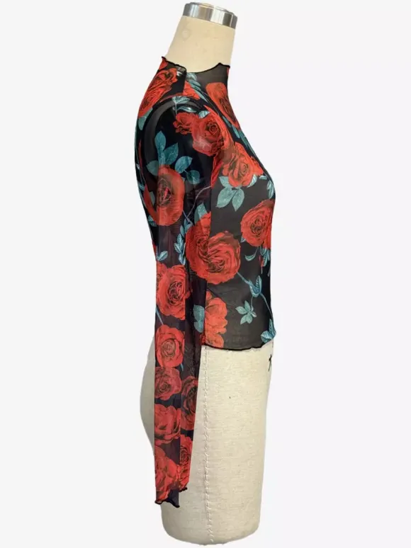 Vintage Rose Floral Print Lettuce Trim Mesh Long Sleeve Skinny Top For Women 2026