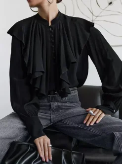 Vintage Ruffle Blouse For Women - Black Elegant Button Up Victorian Long Sleeve Top - Spring Desk-to-dinner 2026