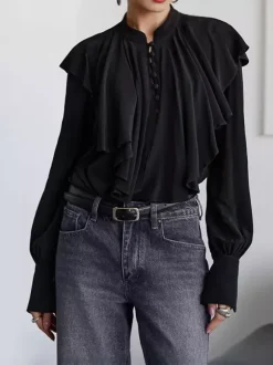 Vintage Ruffle Blouse For Women - Black Elegant Button Up Victorian Long Sleeve Top - Spring Desk-to-dinner 2026