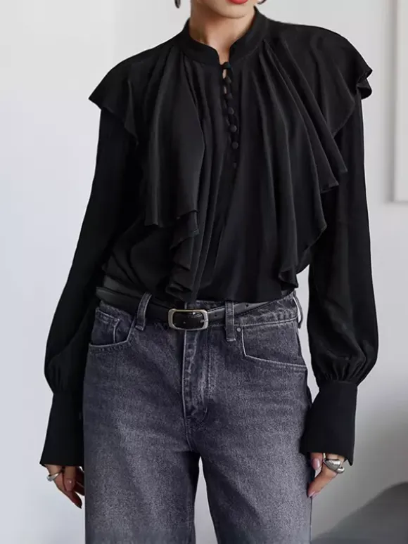 Vintage Ruffle Blouse For Women - Black Elegant Button Up Victorian Long Sleeve Top - Spring Desk-to-dinner 2026