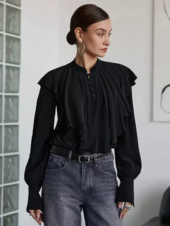 Vintage Ruffle Blouse For Women - Black Elegant Button Up Victorian Long Sleeve Top - Spring Desk-to-dinner 2026