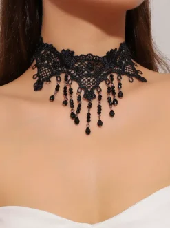 Vintage Scalloped Lace Choker Multi Layer Black Crystal Tassel Pendant Gothic Statement Neck Collar