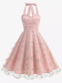 Vintage 1950s Floral Midi Dress For Women - Halter Neck Mesh Embroidery A-Line Sundress - Spring Garden Wedding Guest 2026