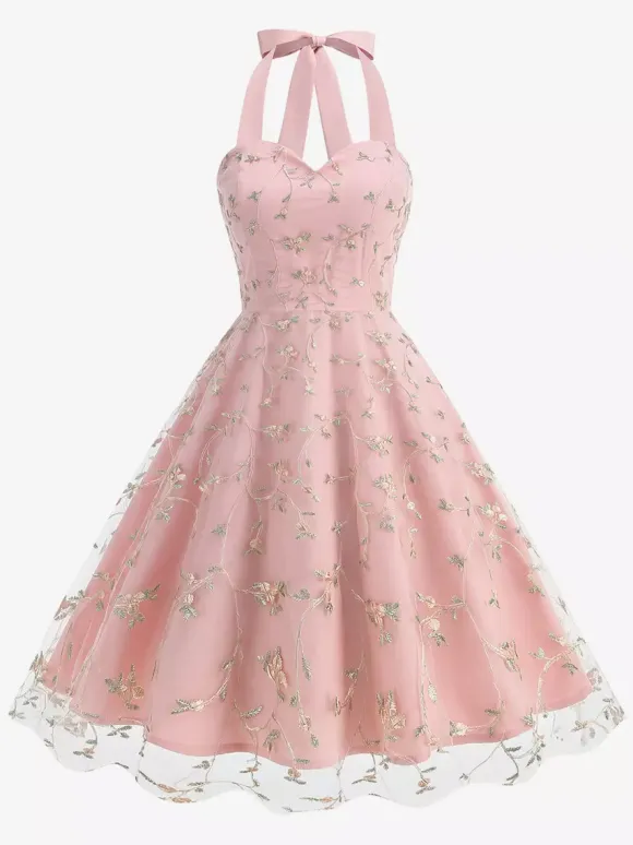 Vintage 1950s Floral Midi Dress For Women - Halter Neck Mesh Embroidery A-Line Sundress - Spring Garden Wedding Guest 2026