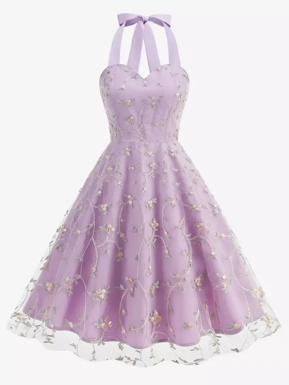 Vintage 1950s Floral Midi Dress For Women - Halter Neck Mesh Embroidery A-Line Sundress - Spring Garden Wedding Guest 2026