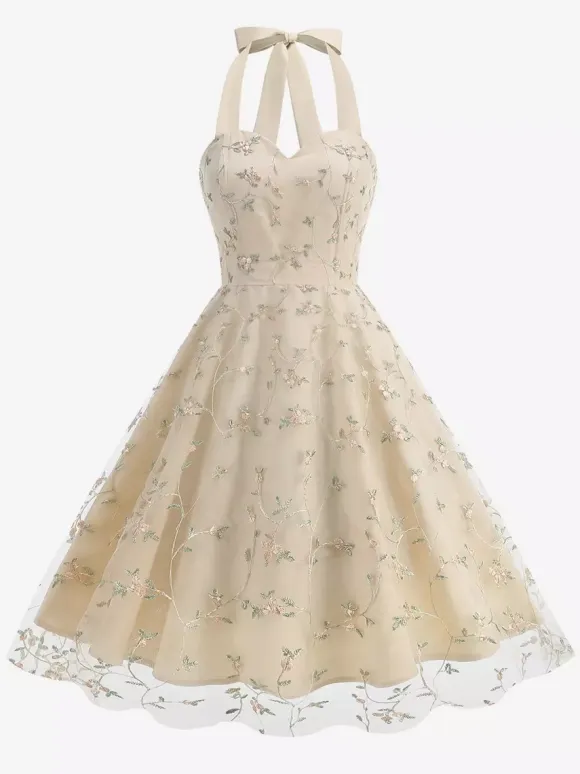 Vintage 1950s Floral Midi Dress For Women - Halter Neck Mesh Embroidery A-Line Sundress - Spring Garden Wedding Guest 2026