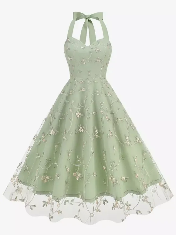 Vintage 1950s Floral Midi Dress For Women - Halter Neck Mesh Embroidery A-Line Sundress - Spring Garden Wedding Guest 2026