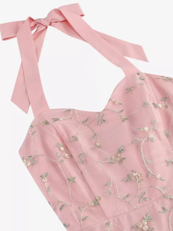 Vintage 1950s Floral Midi Dress For Women - Halter Neck Mesh Embroidery A-Line Sundress - Spring Garden Wedding Guest 2026