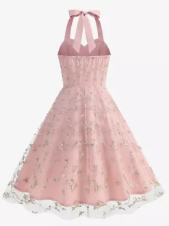 Vintage 1950s Floral Midi Dress For Women - Halter Neck Mesh Embroidery A-Line Sundress - Spring Garden Wedding Guest 2026