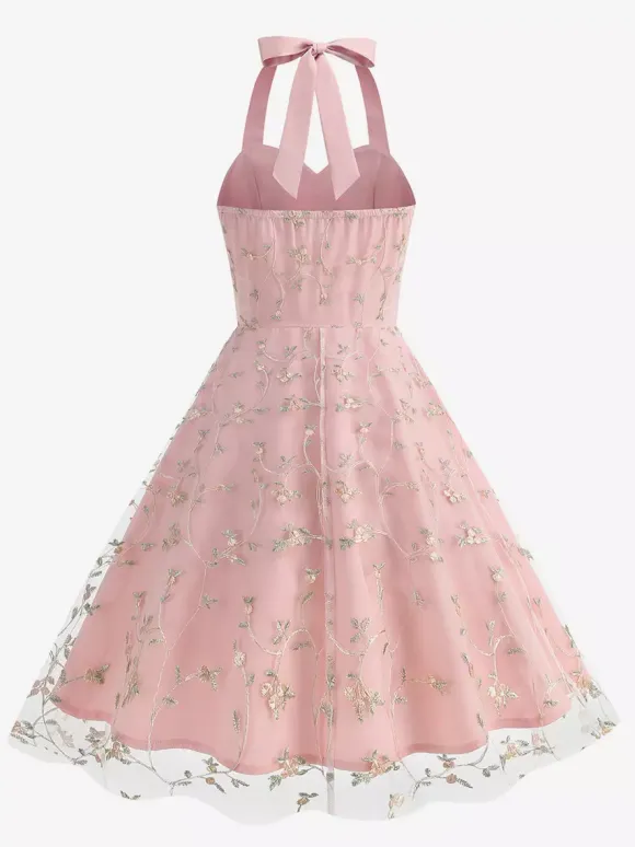 Vintage 1950s Floral Midi Dress For Women - Halter Neck Mesh Embroidery A-Line Sundress - Spring Garden Wedding Guest 2026