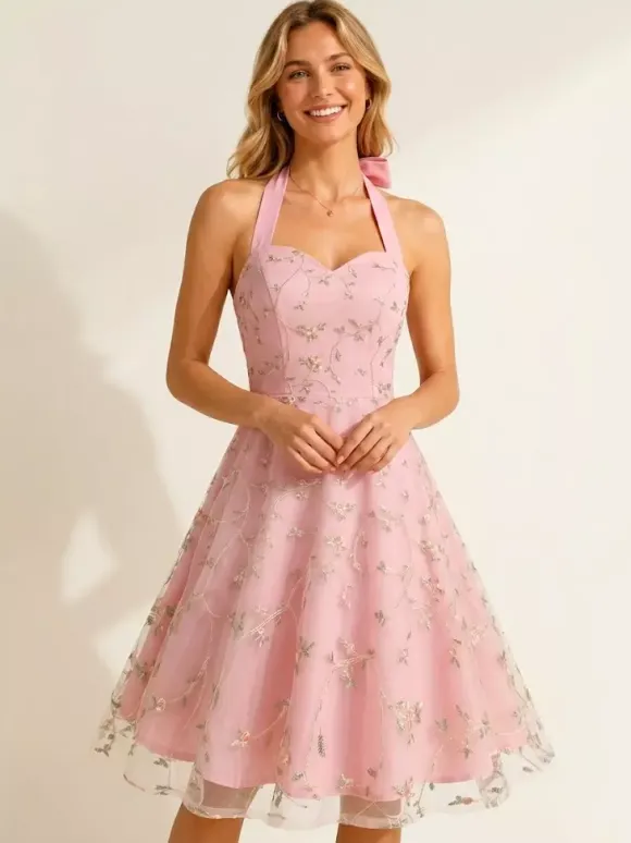 Vintage 1950s Floral Midi Dress For Women - Halter Neck Mesh Embroidery A-Line Sundress - Spring Garden Wedding Guest 2026