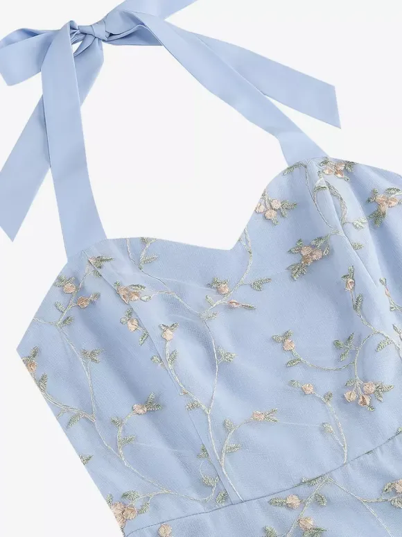 Vintage 1950s Floral Midi Dress For Women - Halter Neck Mesh Embroidery A-Line Sundress - Spring Garden Wedding Guest 2026