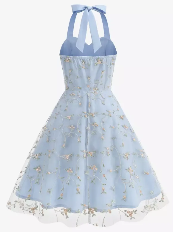 Vintage 1950s Floral Midi Dress For Women - Halter Neck Mesh Embroidery A-Line Sundress - Spring Garden Wedding Guest 2026