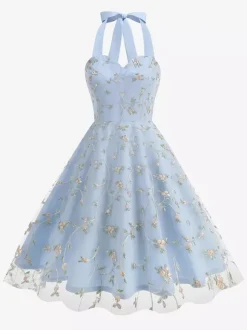 Vintage 1950s Floral Midi Dress For Women - Halter Neck Mesh Embroidery A-Line Sundress - Spring Garden Wedding Guest 2026