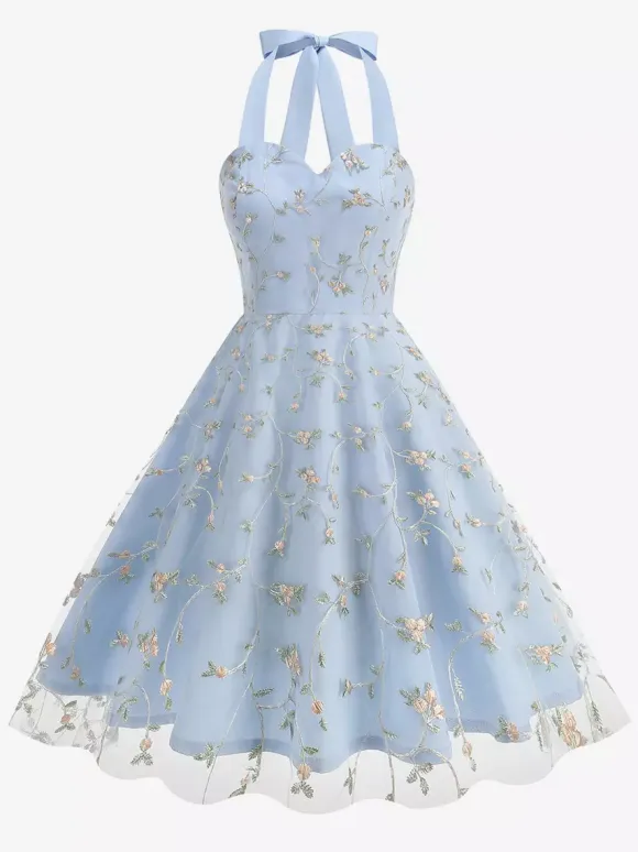Vintage 1950s Floral Midi Dress For Women - Halter Neck Mesh Embroidery A-Line Sundress - Spring Garden Wedding Guest 2026