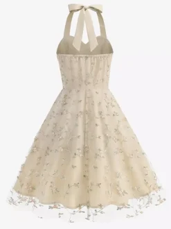 Vintage 1950s Floral Midi Dress For Women - Halter Neck Mesh Embroidery A-Line Sundress - Spring Garden Wedding Guest 2026