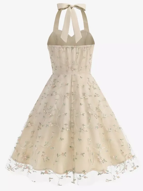 Vintage 1950s Floral Midi Dress For Women - Halter Neck Mesh Embroidery A-Line Sundress - Spring Garden Wedding Guest 2026