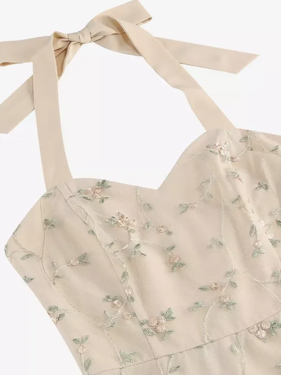 Vintage 1950s Floral Midi Dress For Women - Halter Neck Mesh Embroidery A-Line Sundress - Spring Garden Wedding Guest 2026