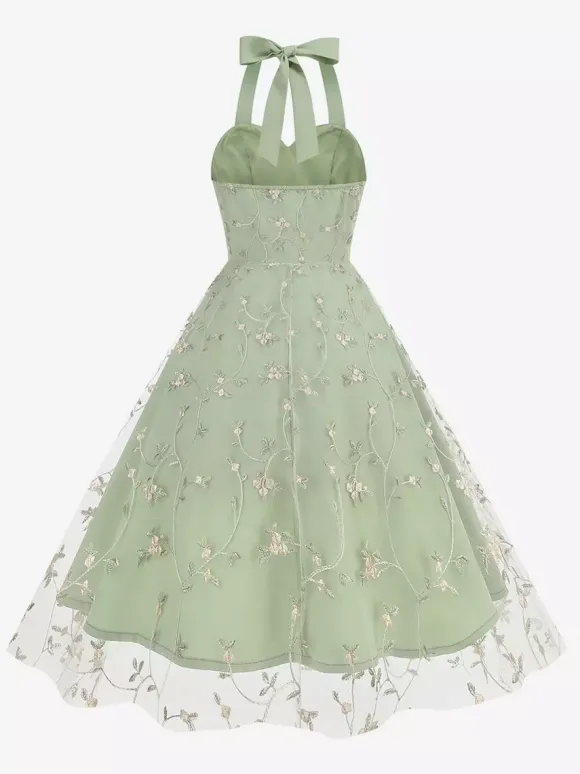 Vintage 1950s Floral Midi Dress For Women - Halter Neck Mesh Embroidery A-Line Sundress - Spring Garden Wedding Guest 2026