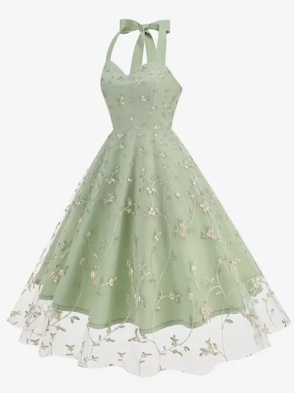 Vintage 1950s Floral Midi Dress For Women - Halter Neck Mesh Embroidery A-Line Sundress - Spring Garden Wedding Guest 2026