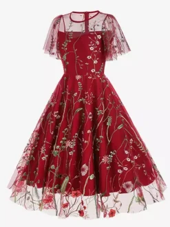 Vintage 1950s Floral Midi Dress For Women - Embroidery Mesh Short Flutter Sleeve A-Line Prom Dress - Summer Wedding Guest 2026