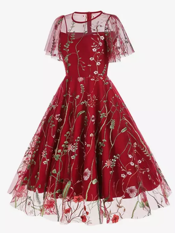 Vintage 1950s Floral Midi Dress For Women - Embroidery Mesh Short Flutter Sleeve A-Line Prom Dress - Summer Wedding Guest 2026