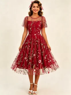 Vintage 1950s Floral Midi Dress For Women - Embroidery Mesh Short Flutter Sleeve A-Line Prom Dress - Summer Wedding Guest 2026