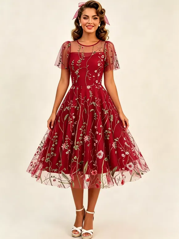 Vintage 1950s Floral Midi Dress For Women - Embroidery Mesh Short Flutter Sleeve A-Line Prom Dress - Summer Wedding Guest 2026