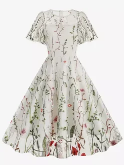 Vintage 1950s Floral Midi Dress For Women - Embroidery Mesh Short Flutter Sleeve A-Line Prom Dress - Summer Wedding Guest 2026