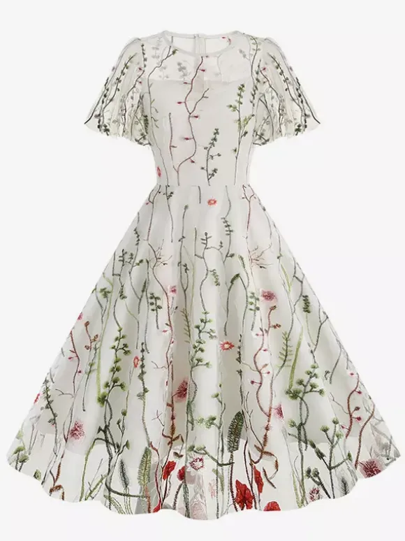 Vintage 1950s Floral Midi Dress For Women - Embroidery Mesh Short Flutter Sleeve A-Line Prom Dress - Summer Wedding Guest 2026