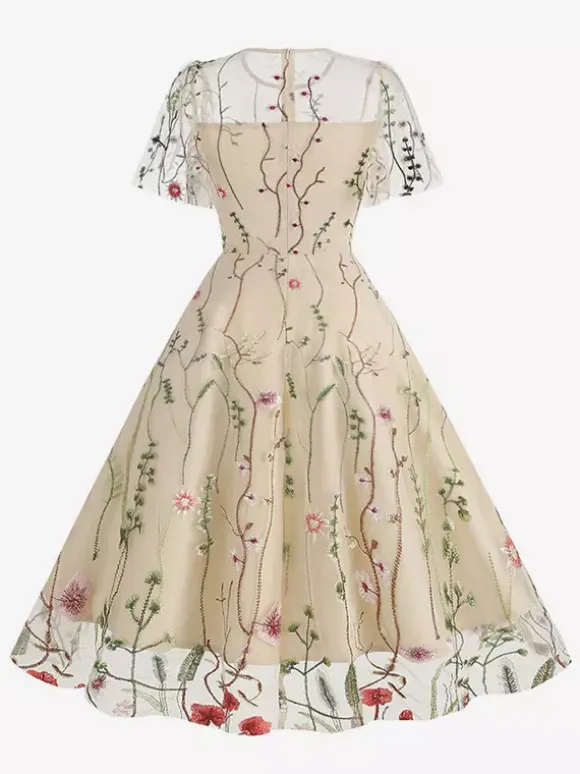 Vintage 1950s Floral Midi Dress For Women - Embroidery Mesh Short Flutter Sleeve A-Line Prom Dress - Summer Wedding Guest 2026