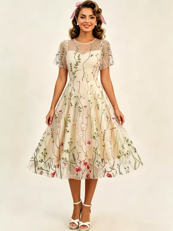 Vintage 1950s Floral Midi Dress For Women - Embroidery Mesh Short Flutter Sleeve A-Line Prom Dress - Summer Wedding Guest 2026