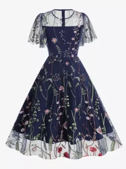 Vintage 1950s Floral Midi Dress For Women - Embroidery Mesh Short Flutter Sleeve A-Line Prom Dress - Summer Wedding Guest 2026