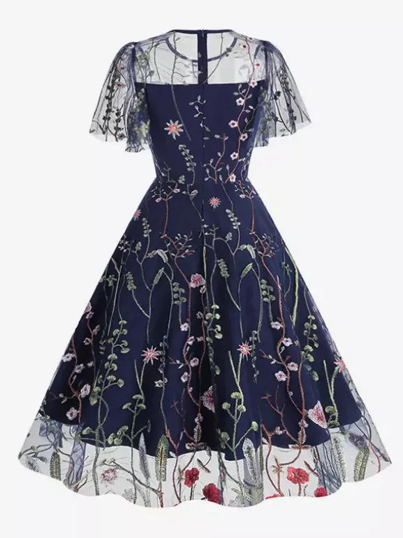 Vintage 1950s Floral Midi Dress For Women - Embroidery Mesh Short Flutter Sleeve A-Line Prom Dress - Summer Wedding Guest 2026