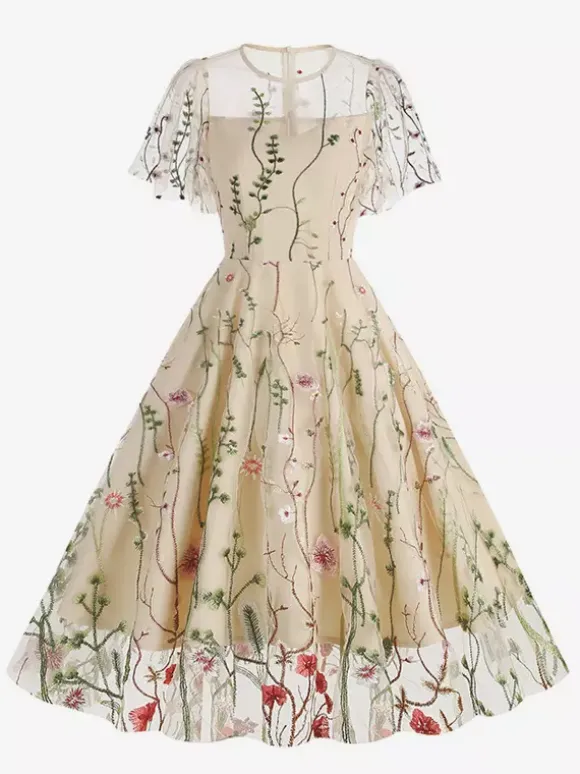 Vintage 1950s Floral Midi Dress For Women - Embroidery Mesh Short Flutter Sleeve A-Line Prom Dress - Summer Wedding Guest 2026