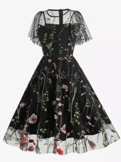 Vintage 1950s Floral Midi Dress For Women - Embroidery Mesh Short Flutter Sleeve A-Line Prom Dress - Summer Wedding Guest 2026