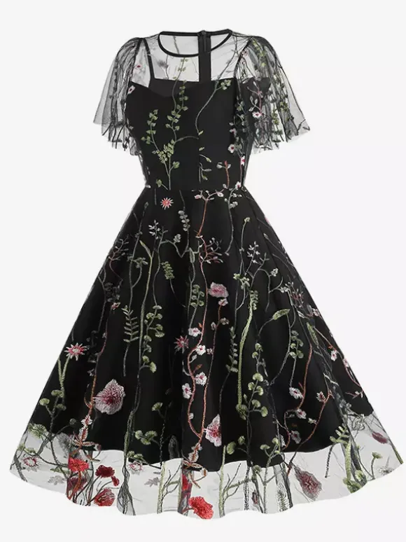 Vintage 1950s Floral Midi Dress For Women - Embroidery Mesh Short Flutter Sleeve A-Line Prom Dress - Summer Wedding Guest 2026