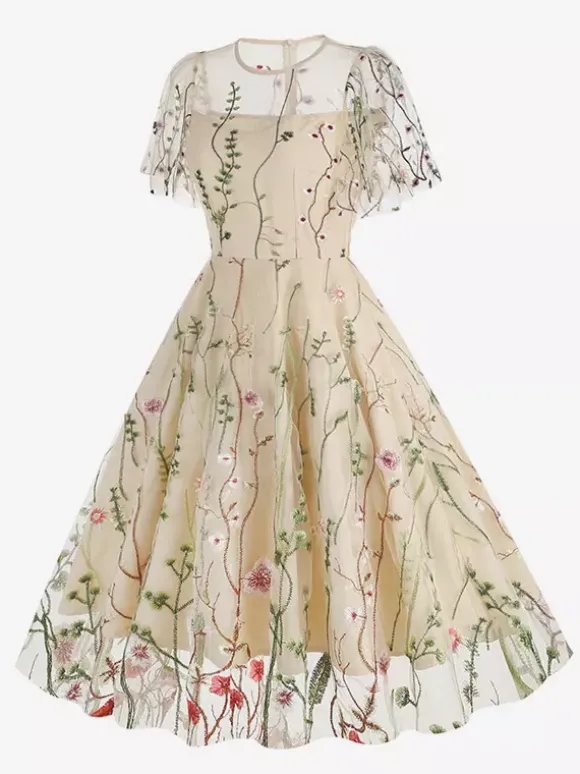 Vintage 1950s Floral Midi Dress For Women - Embroidery Mesh Short Flutter Sleeve A-Line Prom Dress - Summer Wedding Guest 2026