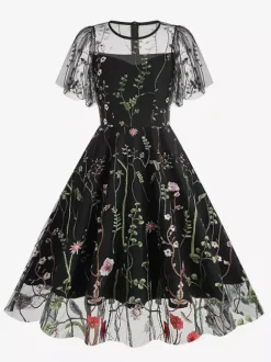 Vintage 1950s Floral Midi Dress For Women - Embroidery Mesh Short Flutter Sleeve A-Line Prom Dress - Summer Wedding Guest 2026