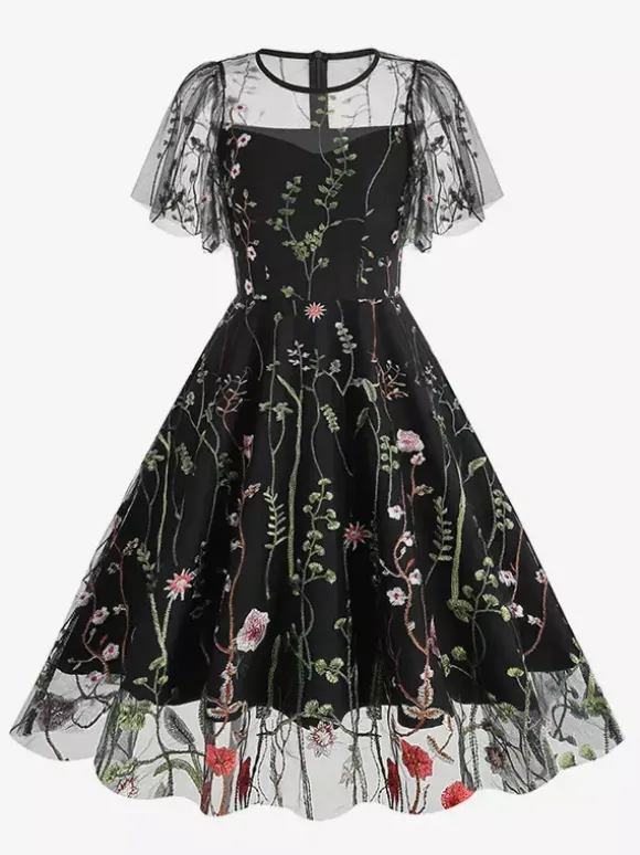 Vintage 1950s Floral Midi Dress For Women - Embroidery Mesh Short Flutter Sleeve A-Line Prom Dress - Summer Wedding Guest 2026