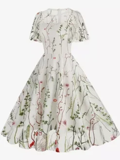 Vintage 1950s Floral Midi Dress For Women - Embroidery Mesh Short Flutter Sleeve A-Line Prom Dress - Summer Wedding Guest 2026