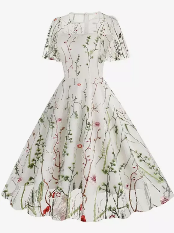 Vintage 1950s Floral Midi Dress For Women - Embroidery Mesh Short Flutter Sleeve A-Line Prom Dress - Summer Wedding Guest 2026