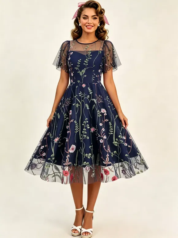 Vintage 1950s Floral Midi Dress For Women - Embroidery Mesh Short Flutter Sleeve A-Line Prom Dress - Summer Wedding Guest 2026