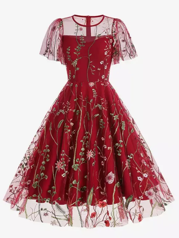 Vintage 1950s Floral Midi Dress For Women - Embroidery Mesh Short Flutter Sleeve A-Line Prom Dress - Summer Wedding Guest 2026