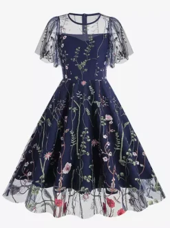 Vintage 1950s Floral Midi Dress For Women - Embroidery Mesh Short Flutter Sleeve A-Line Prom Dress - Summer Wedding Guest 2026