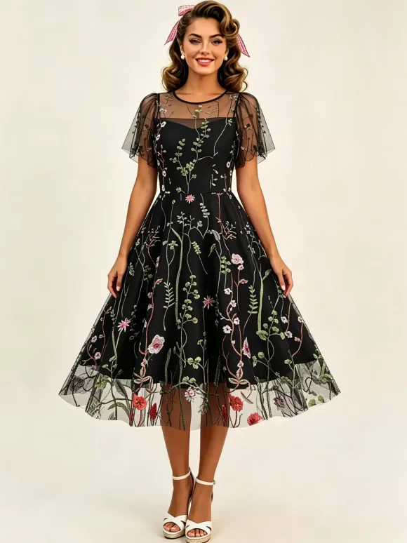 Vintage 1950s Floral Midi Dress For Women - Embroidery Mesh Short Flutter Sleeve A-Line Prom Dress - Summer Wedding Guest 2026