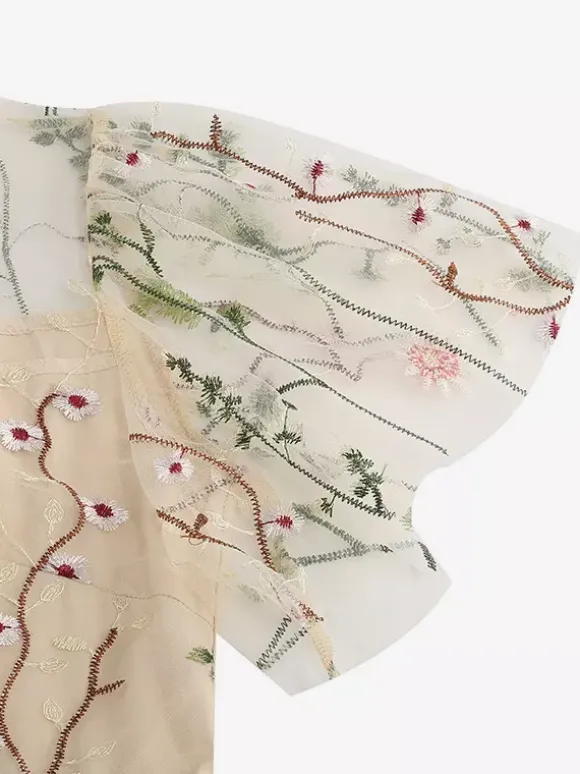 Vintage 1950s Floral Midi Dress For Women - Embroidery Mesh Short Flutter Sleeve A-Line Prom Dress - Summer Wedding Guest 2026